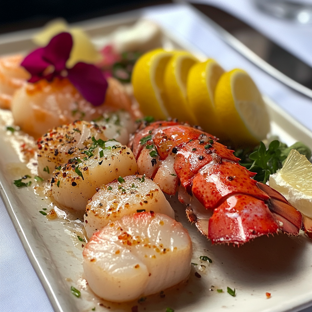 A gourmet seafood platter featuring lobster claw, scallops, and sashimi with garnishes.