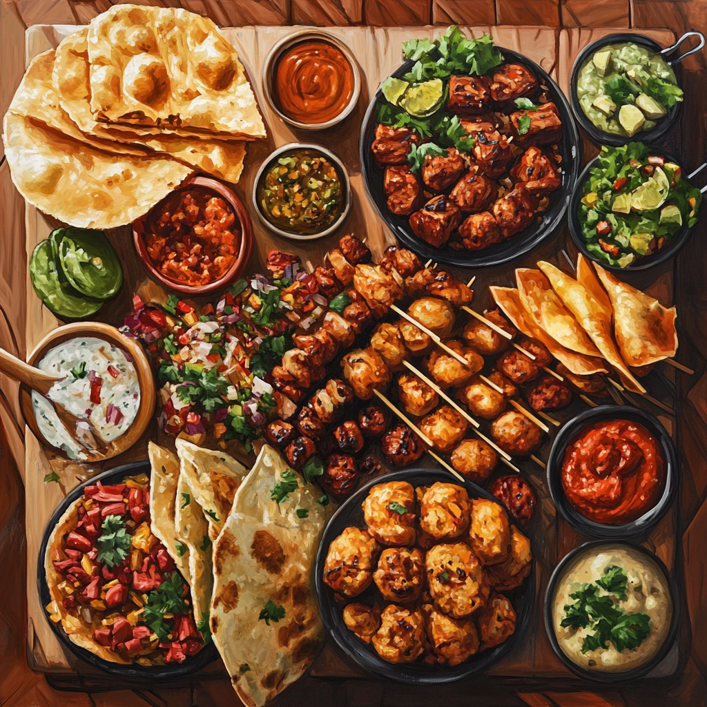 A variety of vibrant street food items on a wooden board, including tacos and dumplings.