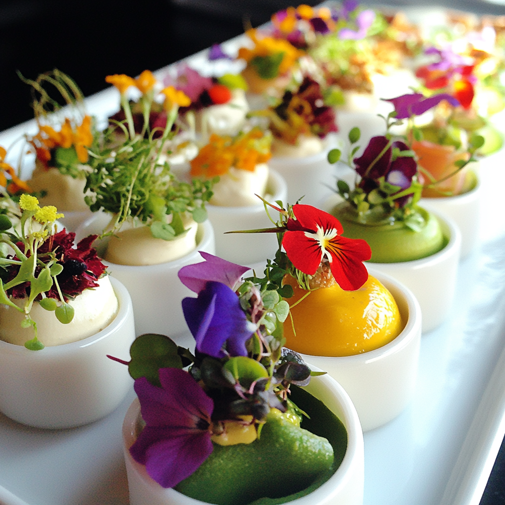 Artfully crafted amuse-bouche with vibrant garnishes on small white plates.