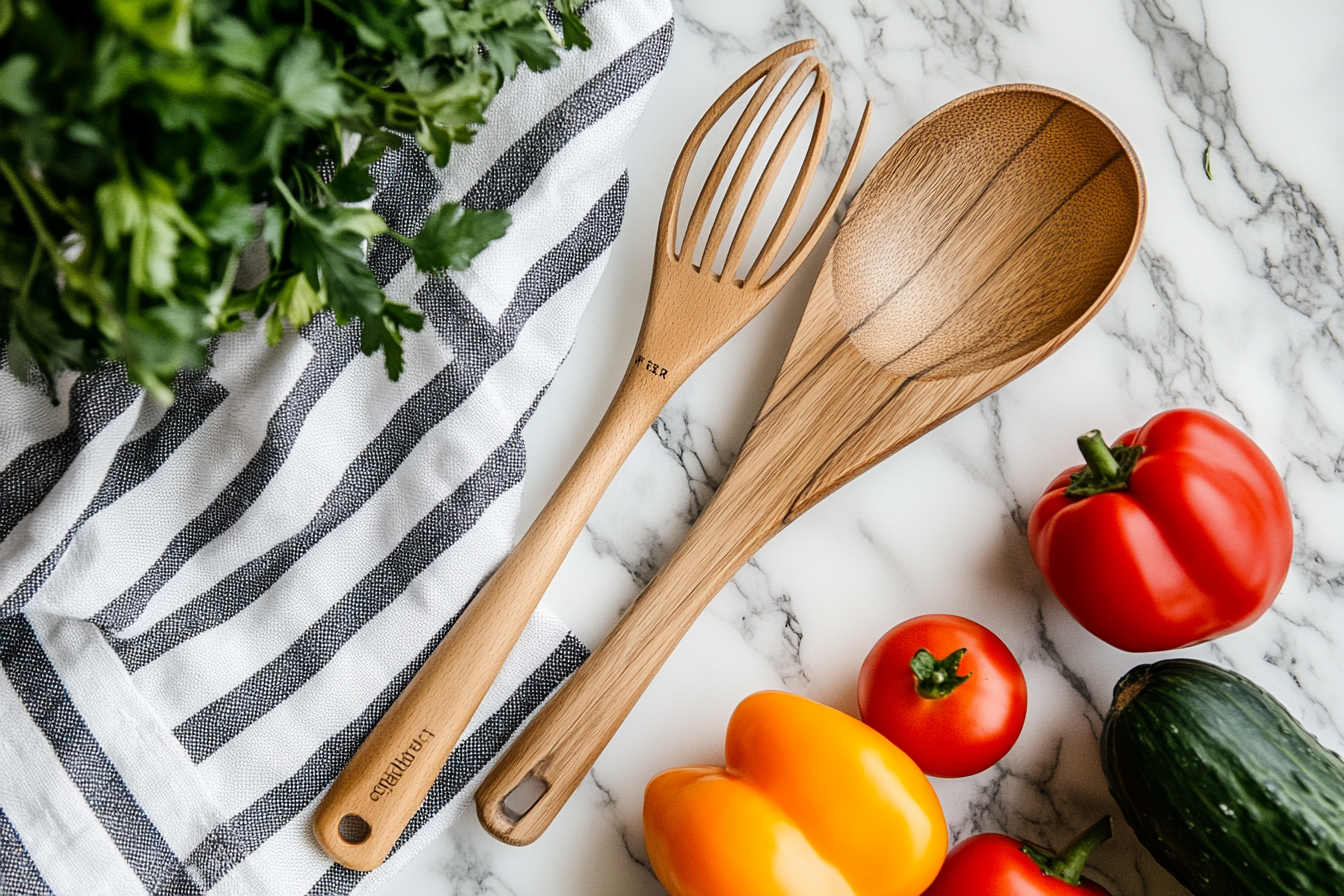 Colorful fresh vegetables and kitchen utensils, including a whisk, wooden spoon, and chef's knife, arranged on a bright and inviting background.