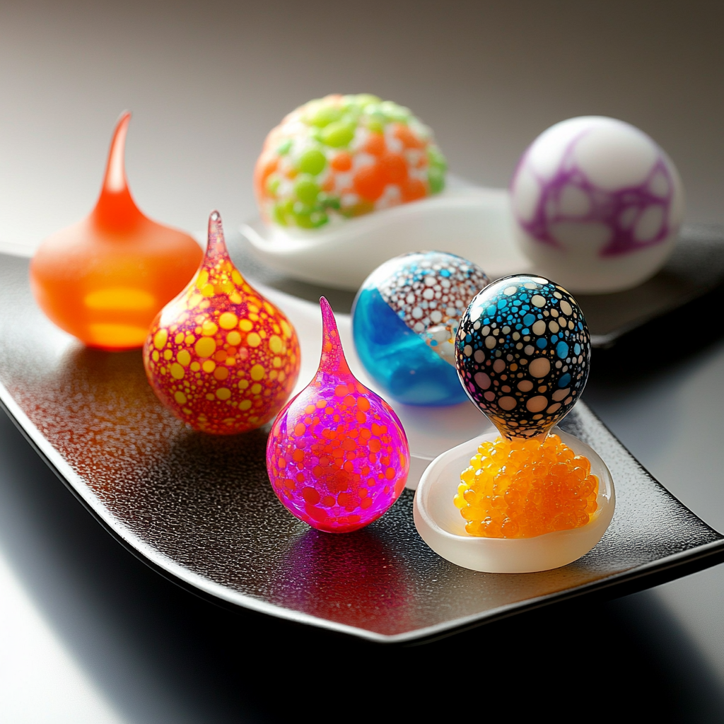 Colorful molecular gastronomy dishes with foams and edible spheres.