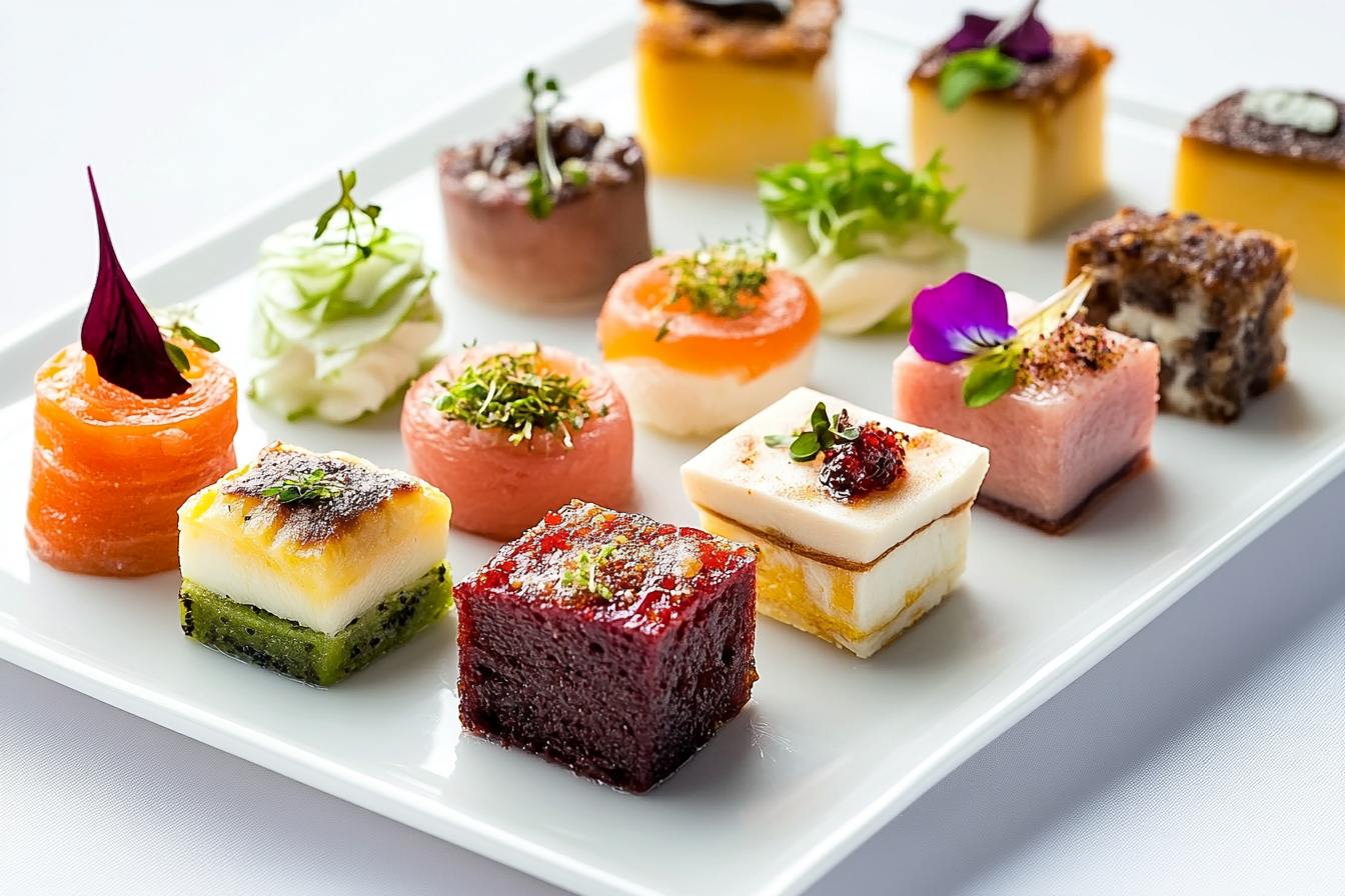 Colorful selection of amuse-bouche appetizers on a white plate, garnished with microgreens and edible flowers, in a bright and sophisticated setting.