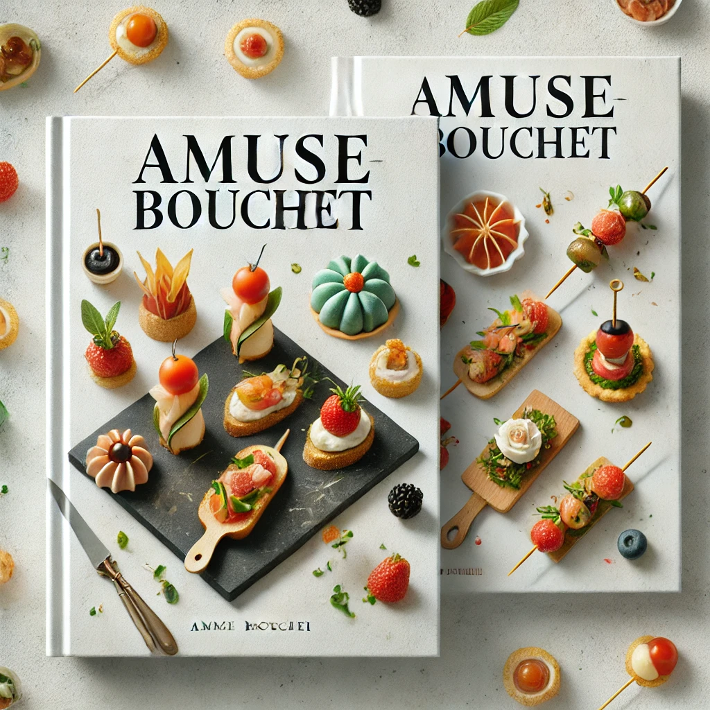 Cover for 'Amuse Bouchet' featuring elegant, colorful amuse-bouche appetizers, including bruschetta and mini tartlets, against a bright, inviting background.