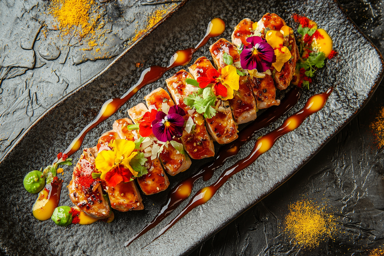 Elegantly plated gourmet dish with colorful sauces, edible flowers, and intricate garnishes, against a simple and elegant background.