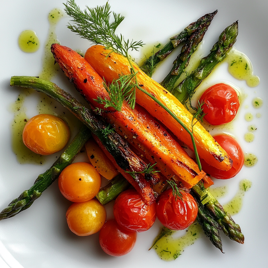 Gourmet seasonal vegetables including roasted carrots, asparagus, and heirloom tomatoes on a white plate.