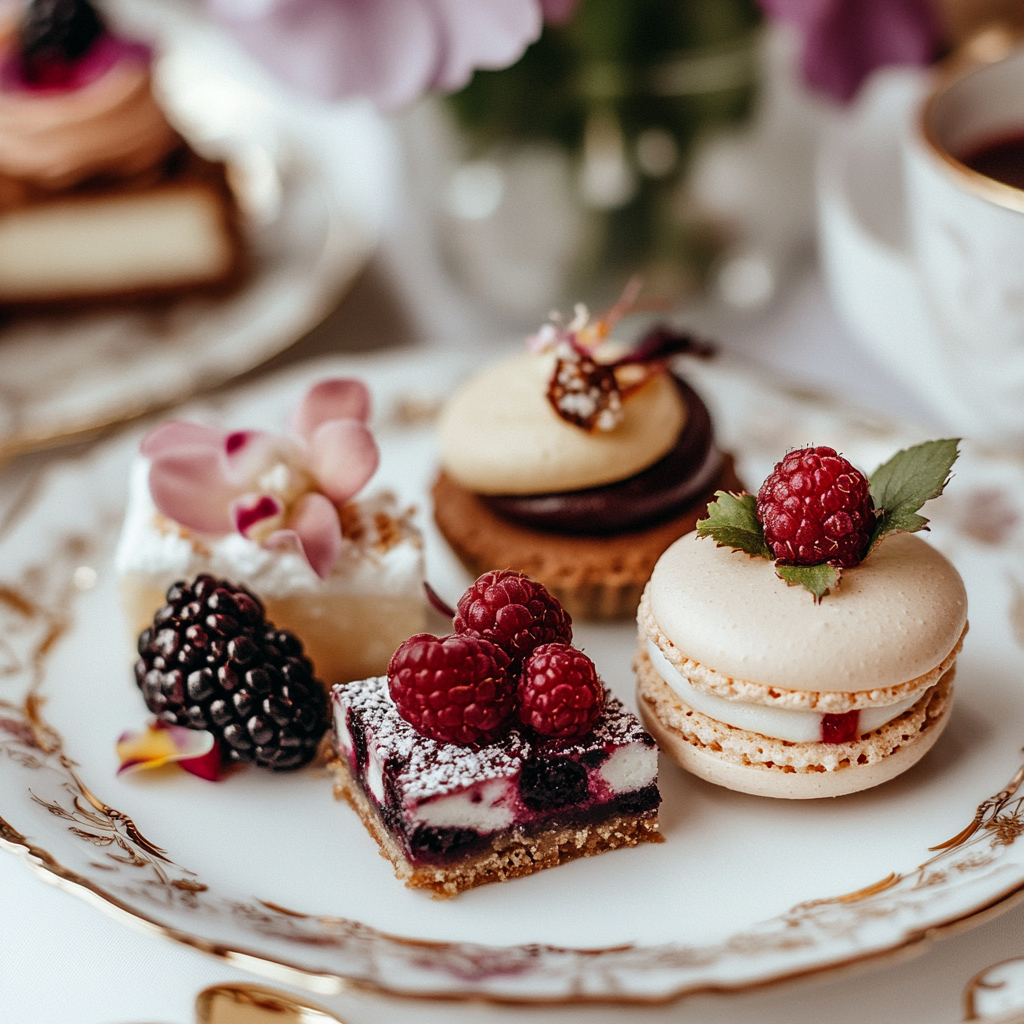 Small desserts including a macaron, mini chocolate tart, and berry-topped cheesecake bite.