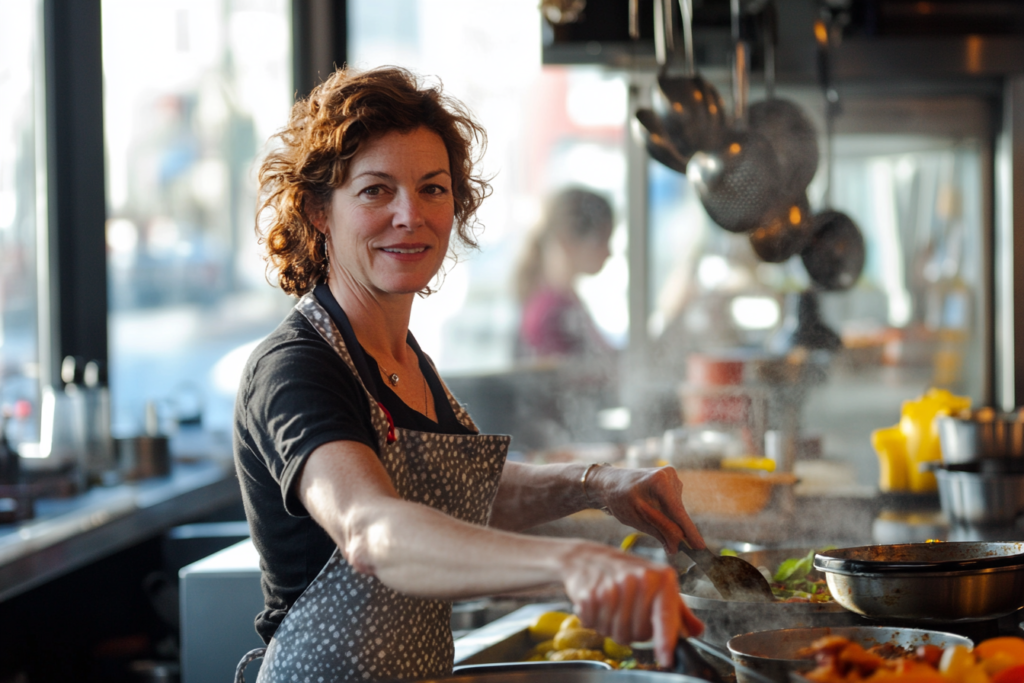 Woman cooking in a brightly lit restaurant kitchen, smiling and preparing a dish with fresh ingredients.